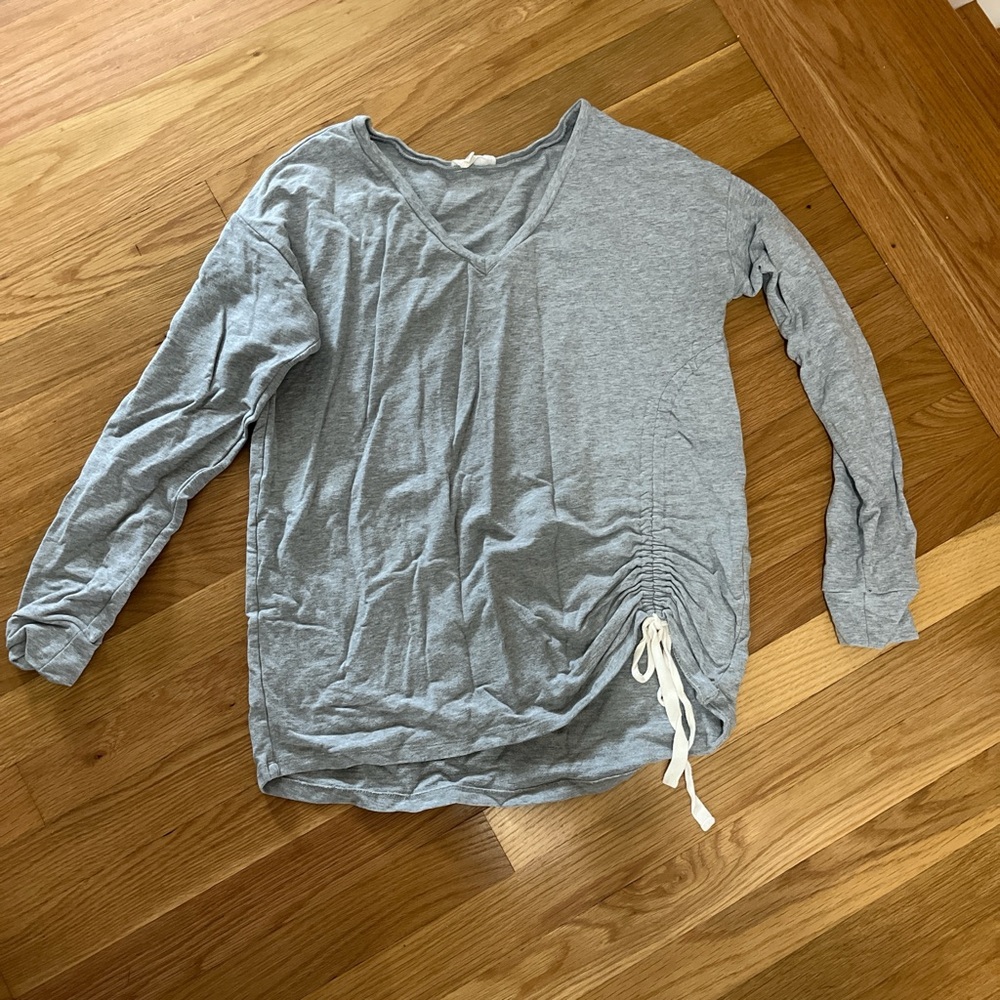 LOFT Heather Gray V-Neck Top with Drawstring